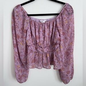 Pink Rose Purple Floral Squareneck Puff Sleeves Cottagecore Blouse Top Small